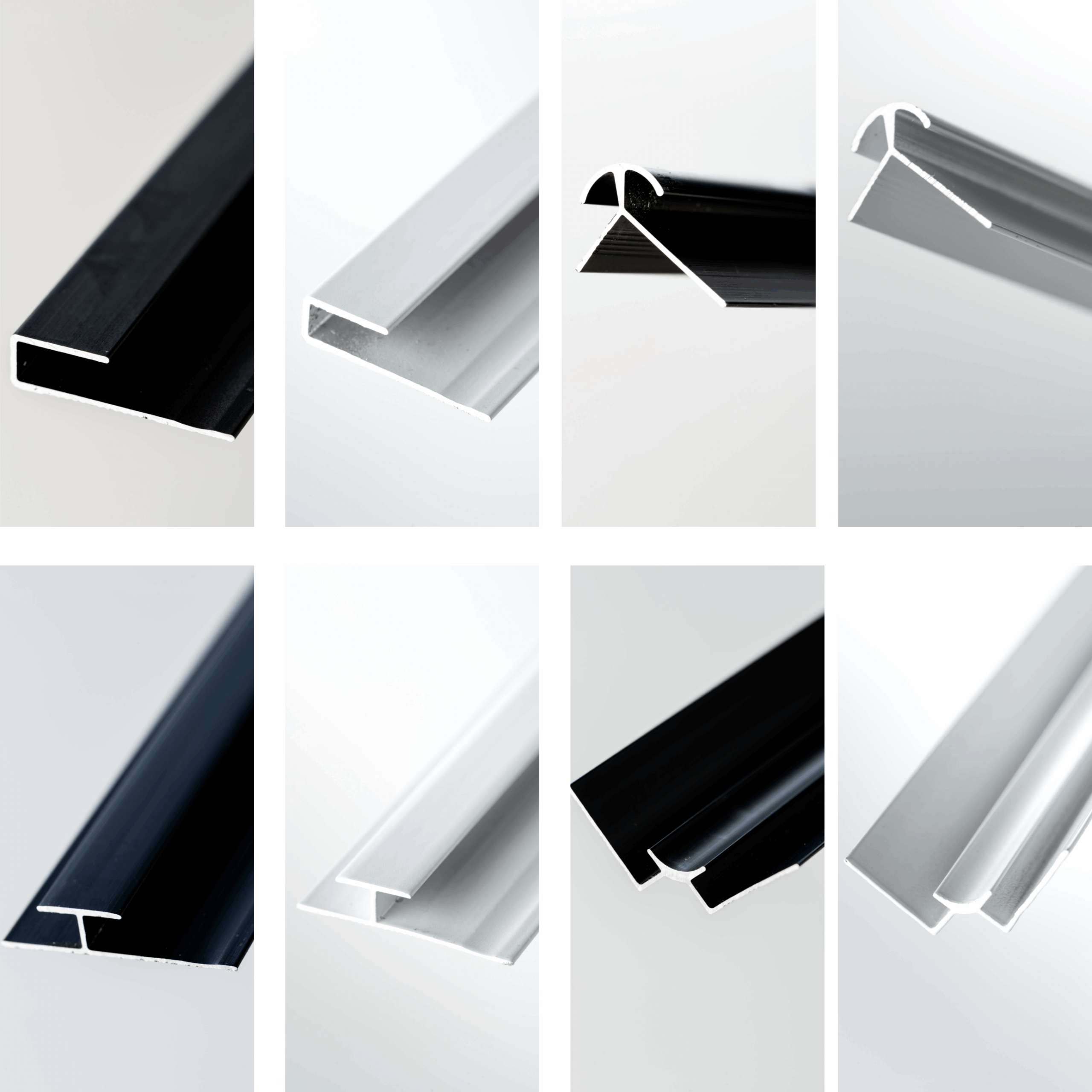 8 pictures of the different aluminium joiner profiles that are available